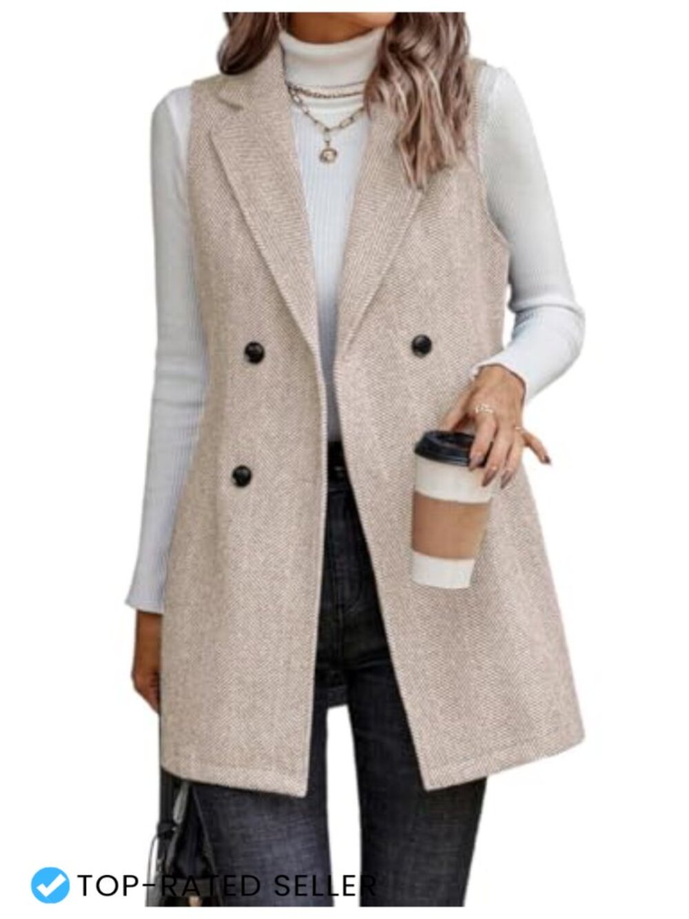 Sleeveless Tweed Blazer Long Vest Herringbone Wool Blend Business Casual